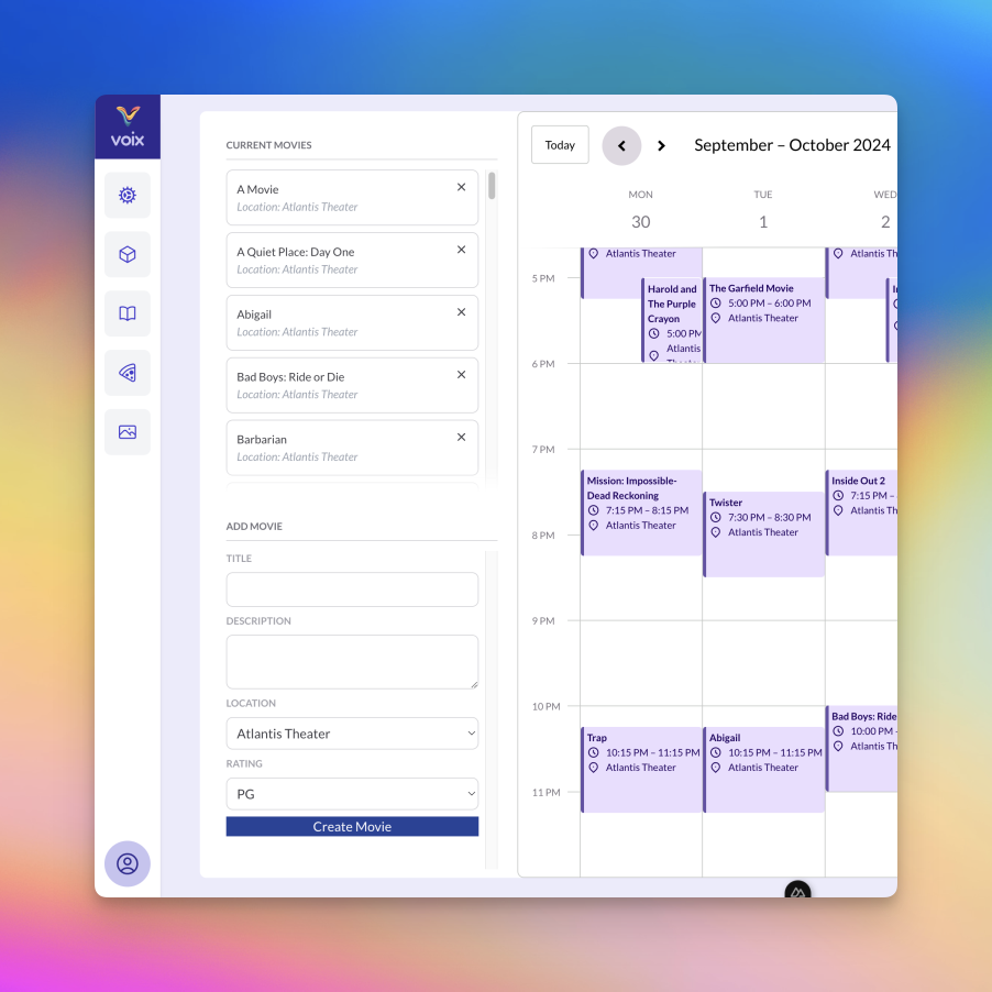 Screenshot of a movie times application